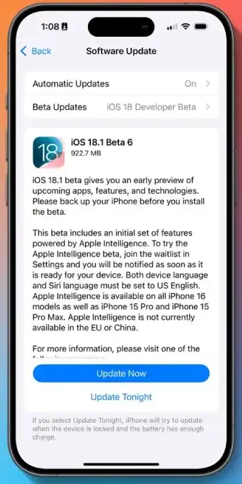 Sixth Developer Betas of iOS 18.1 and iPadOS 18.1